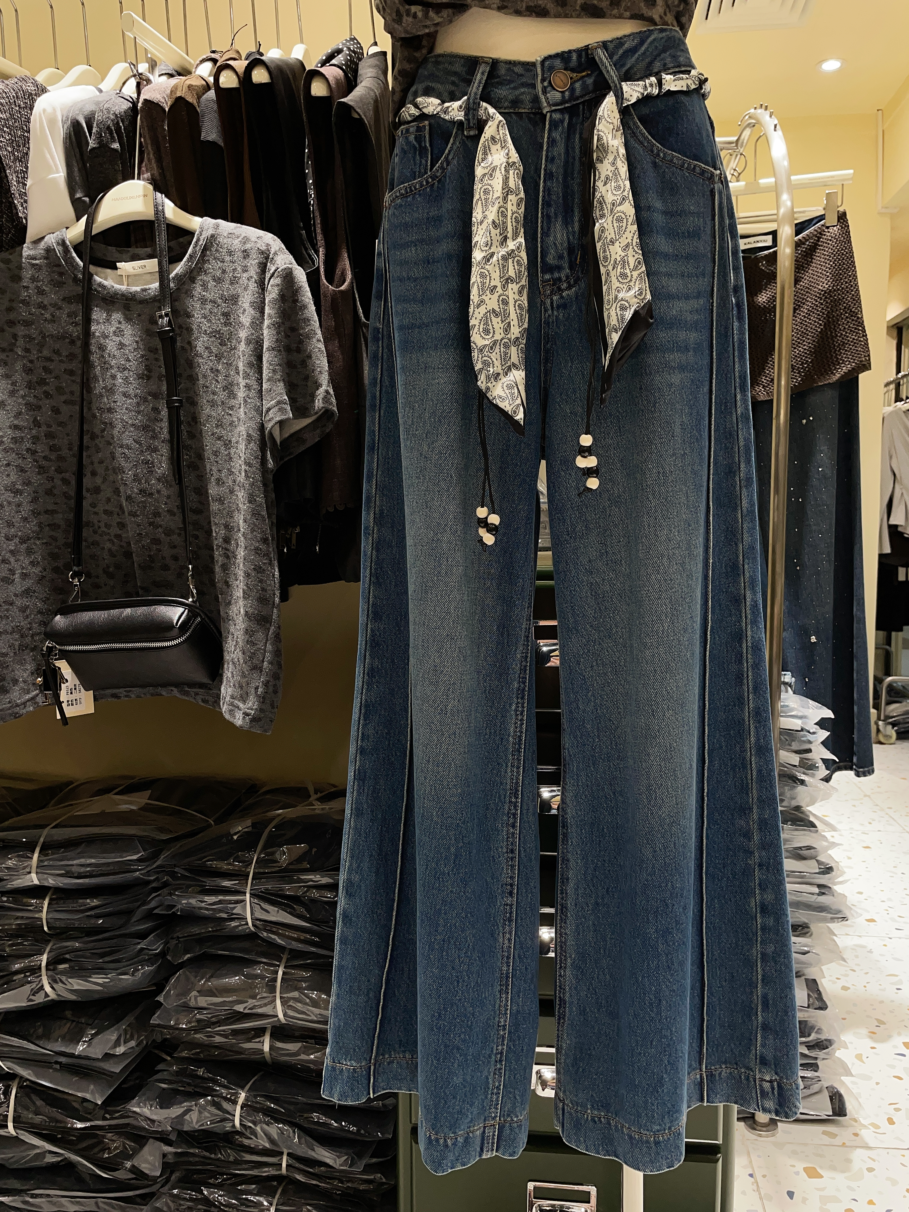 实穿天花板！送丝巾牛仔裤女复古蓝色阔腿裤女长裤休闲百搭裤子