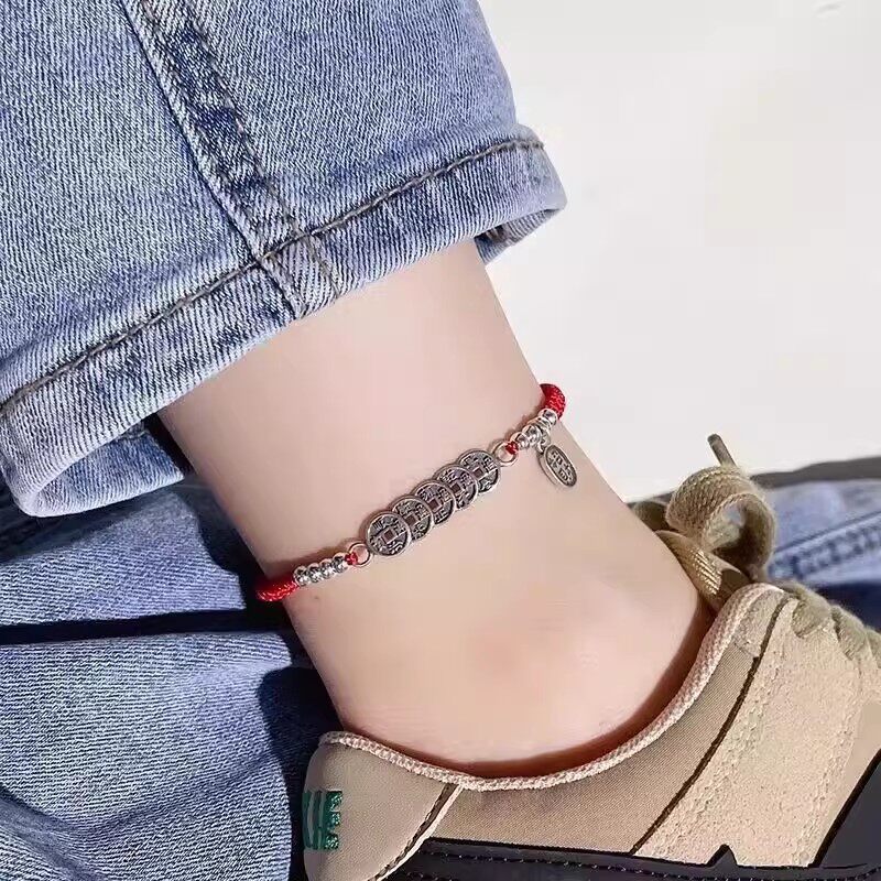 复古五帝钱脚链女红绳招财纳福本命年情侣编织绳足链铜钱币脚环潮