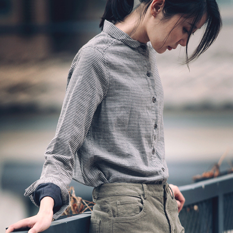 春季新款棉麻修身双层棉撞色英伦文艺复古格小格子衬衣女衬衫