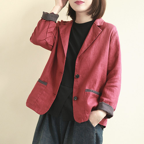 新文艺复古女亚麻西装