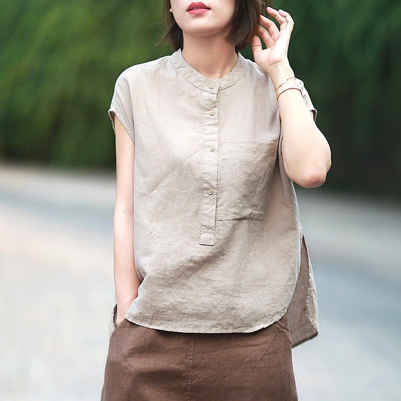 夏文艺复古气质净色工装口袋苎麻衬衫女立领无袖上衣宽松大码棉麻,女装/女士精品,衬衫,淘宝优惠券,粉丝福利购,淘宝优惠卷