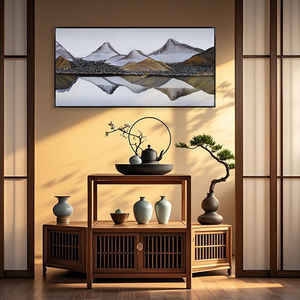 苏博倒影山水画横版 玄关柜书房沙发背景墙新中式样板间挂画