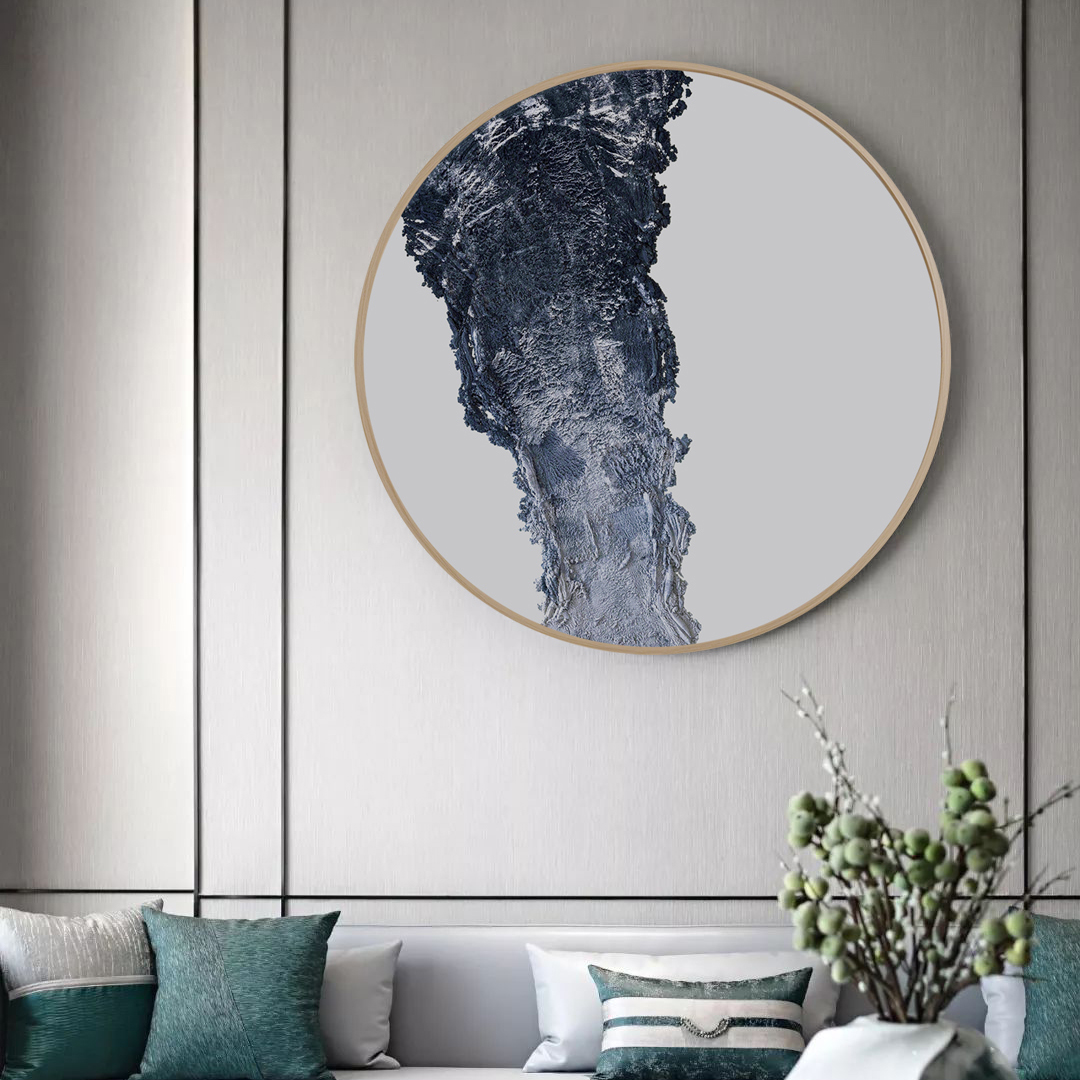 圆框画肌理侘寂木框客厅玄关书房工作室别墅挂画现代装饰画装饰品图片