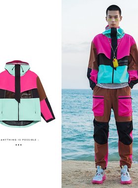 李宁正品新款男子运动休闲时尚潮流撞色连帽防风夹克外套AFDS249