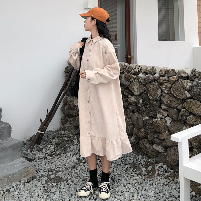 秋冬新款韩版学院风长袖A字裙显瘦复古方领荷叶边衬衫连衣裙女装