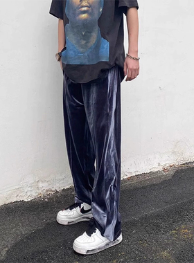 美式高街金丝绒休闲长裤男侧边拼接条纹丝滑宽松阔腿侧拉链直筒裤