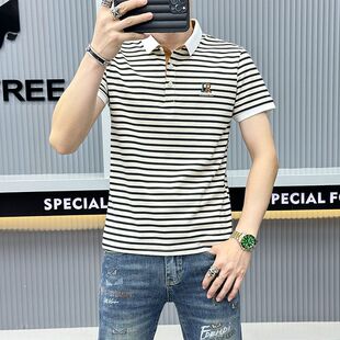 轻奢条纹翻领短袖polo衫字母刺绣帅气男士休闲风POLO衫T恤上衣