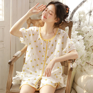 MEJU夏季可爱风小清新睡衣女纯棉纱甜美短袖短裤家居服套装少女风