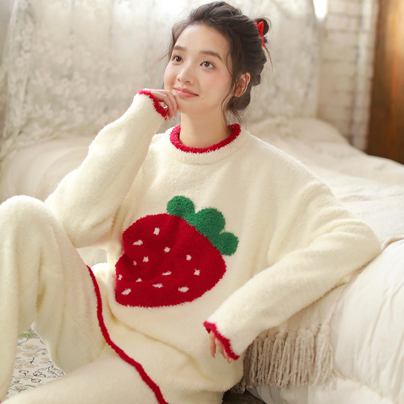 2025新款甜美半边绒睡衣女秋冬圆领加绒加厚长袖家居服套装可外穿