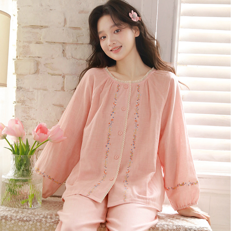 蔓秋甜美风纯棉纱布睡衣女春季圆领长袖开衫刺绣可外穿家居服套装