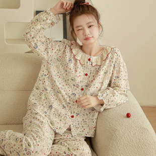甜美风全棉印花睡衣女春季薄款纯棉纱长袖娃娃领公主风家居服套装