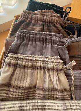 复古格纹纯棉高腰秋冬家居裤