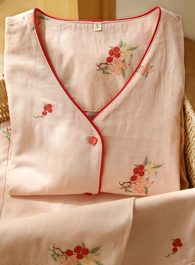 蔓秋纯棉睡衣女春季布料100全棉高级感V领印花长袖家居服可外穿