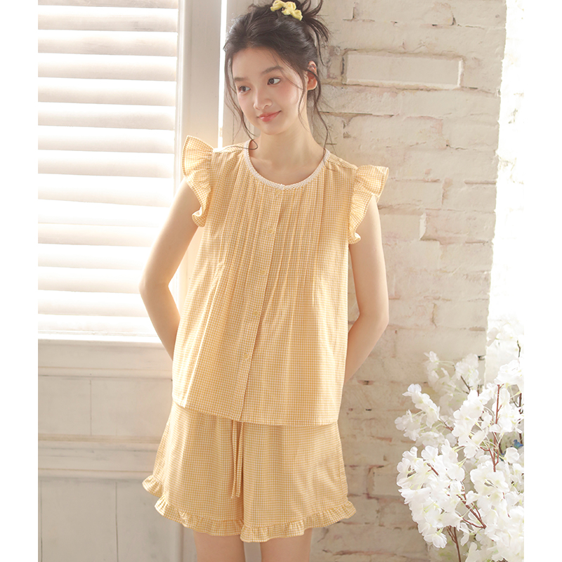 纯棉纱布无袖睡衣夏新款女甜美背心短裤家居服可外穿两件套凉感可