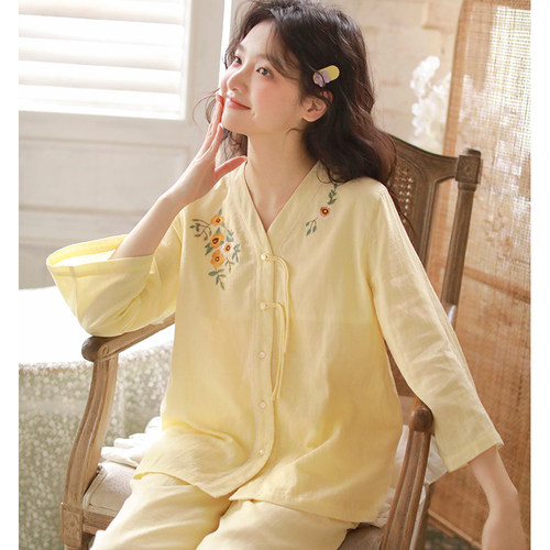 七分袖刺绣复古文艺棉纱薄款睡衣