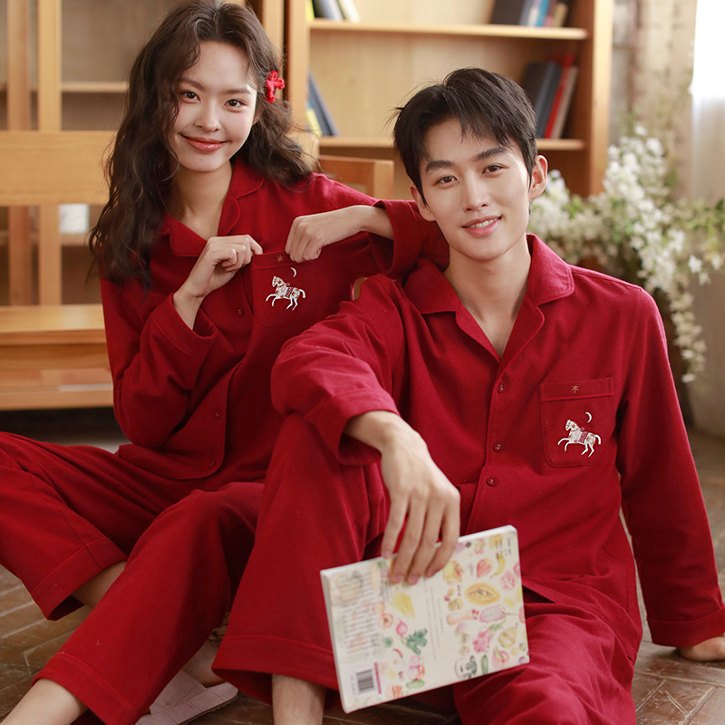 新款秋冬红色情侣睡衣男女纯棉磨毛长袖本命年结婚新婚家居服套装