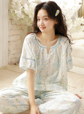 夏季纯棉纱布女短袖长裤睡衣套装
