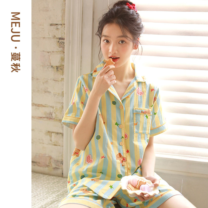 2025新款夏季短袖纯棉睡衣女纯棉纱布翻领卡通条纹家居服短裤套装,女士内衣/男士内衣/家居服,睡衣/家居服套装,淘宝优惠券,粉丝福利购,淘宝优惠卷