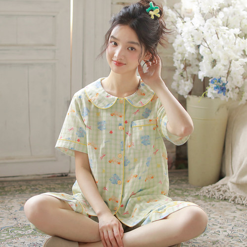 夏季卡通印花纱布女睡衣两件套