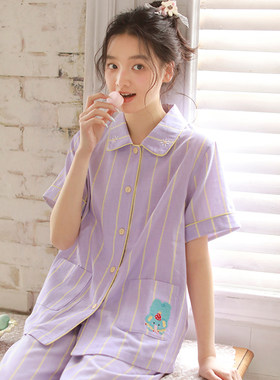 蔓秋甜美可爱卡通睡衣女夏季青年纯棉双层纱短袖家居服套装可外穿