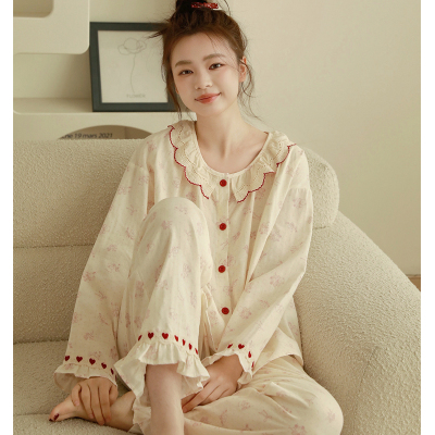 纯棉双层纱布女长袖可外穿睡衣