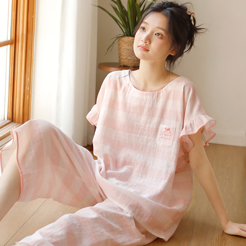 夏季可外穿日系纯棉睡衣女圆领大码短袖七分裤宽松全棉家居服套装