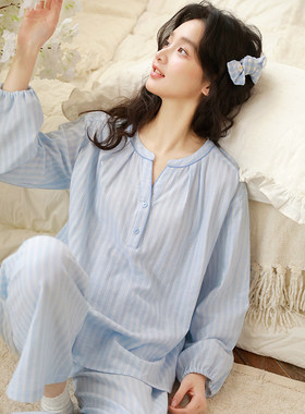 纯棉V领条纹春季薄款女睡衣