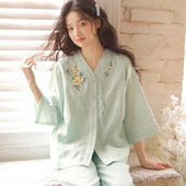 家居服套装 长裤 棉纱睡衣女柔软透气高级感刺绣V领七分袖 春夏季