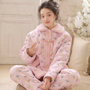 三层夹棉加厚保暖可外穿家居服套装 小碎花棉袄女冬季 韩版 2025新款