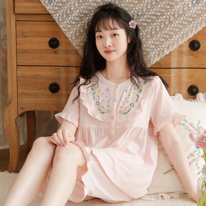 2025新款睡衣女夏季纯棉短袖中裤两件套高级刺绣家居服套装可外穿