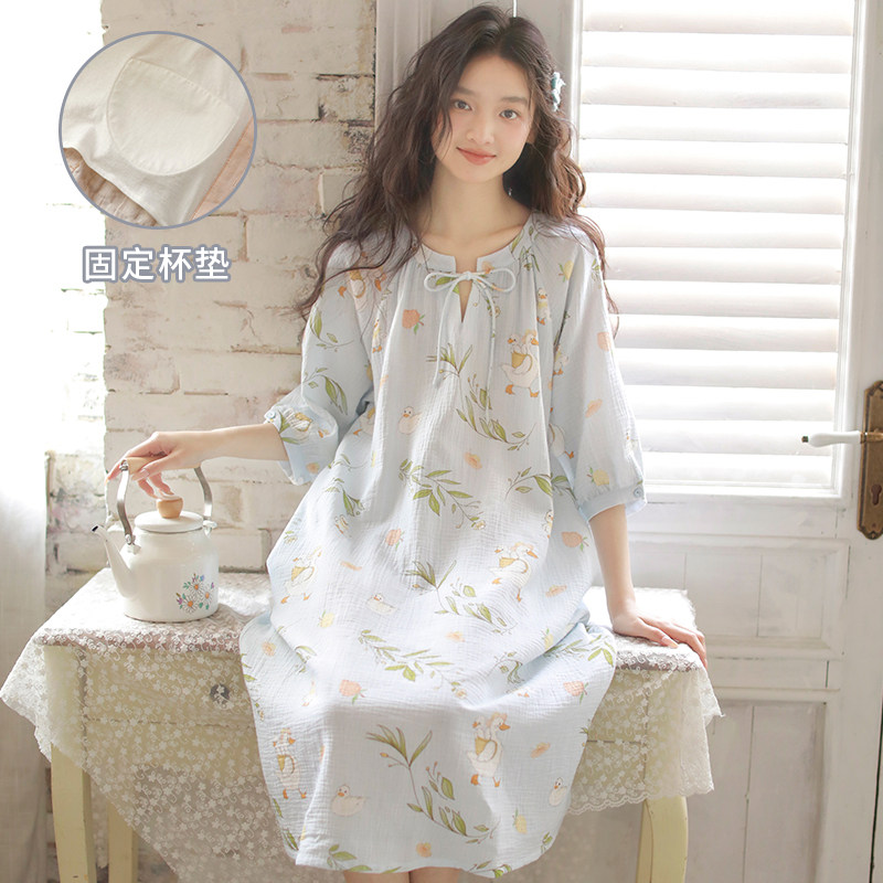蔓秋夏季纯棉睡裙女带胸垫碎花中袖睡衣裙薄款可外穿空调服连衣裙
