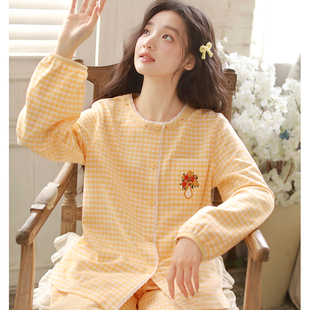 秋冬季日甜美格子纯棉磨毛女士睡衣全棉加厚长袖休闲家居服可外穿