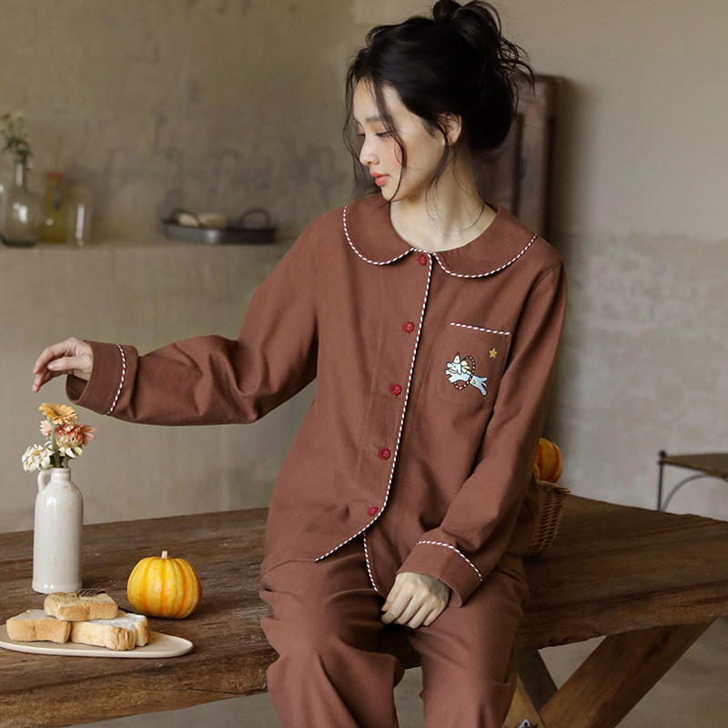 秋冬新款复古纯棉磨毛睡衣女卡通刺绣加厚长袖家居服套装软萌少女