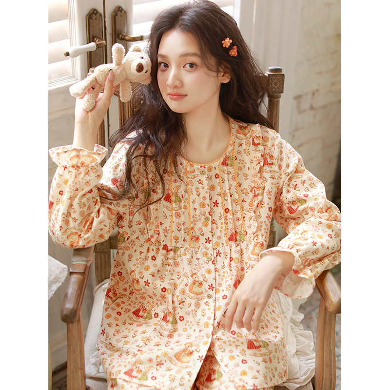 2025新款花边纯棉磨毛睡衣女秋冬甜美少女卡通碎花长袖家居服套装,女士内衣/男士内衣/家居服,睡衣/家居服套装,淘宝优惠券,粉丝福利购,淘宝优惠卷