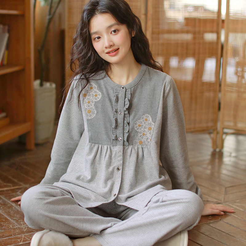 高级感纯棉磨毛睡衣女秋冬季2025新款防凸点刺绣可外穿家居服套装