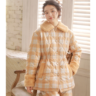 冬季新款三层夹棉袄女加长款加厚棉睡衣收腰保暖家居服套装可外穿