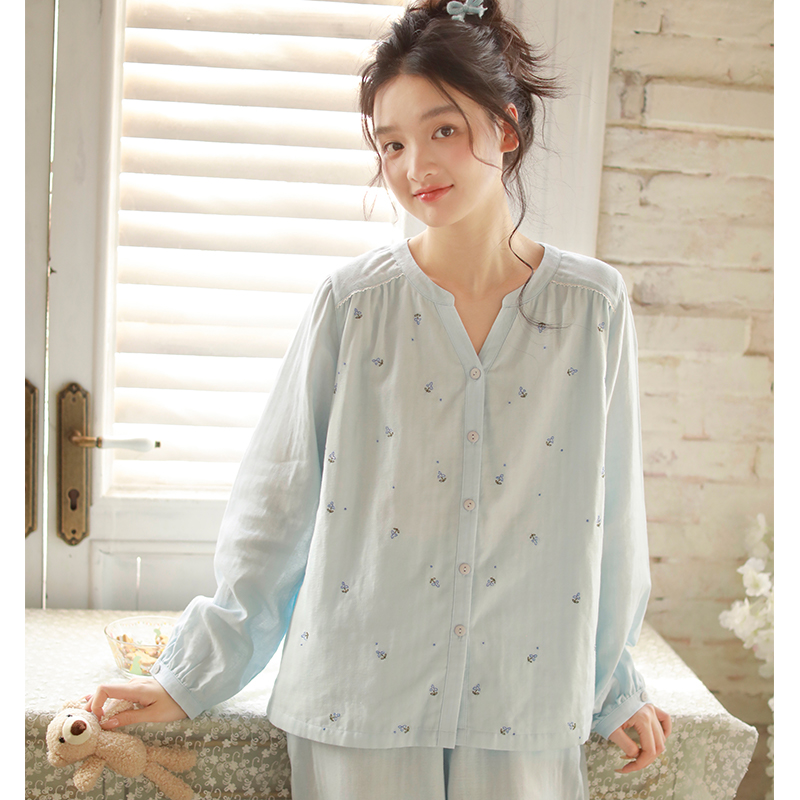 春秋纯棉双层纱布女长袖睡衣套装