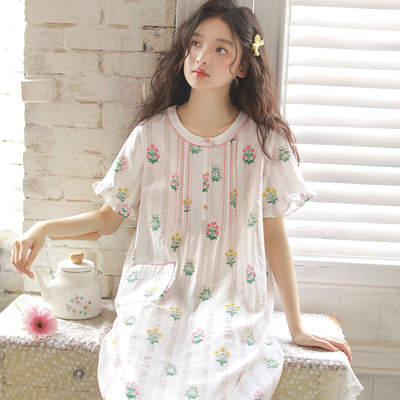 带胸垫短袖睡裙女夏季纯棉纱布