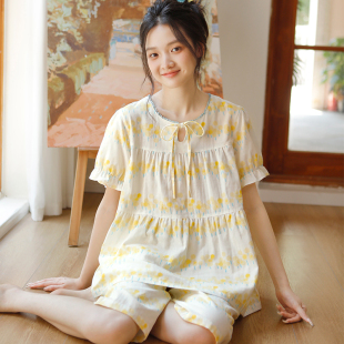 夏季 短袖 2025新款 全棉睡衣女日系小碎花薄款 套装 宽松双层棉纱大码