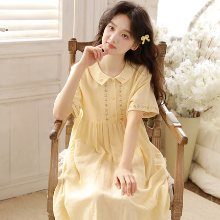 蔓秋甜美少女风纯棉纱布睡裙女夏季短袖娃娃领刺绣可外穿家居服