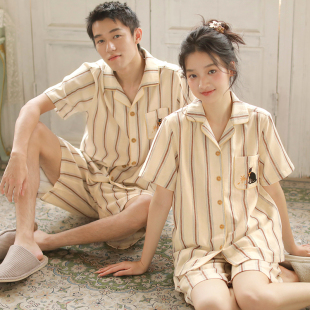 夏季 套装 女款 短裤 可外穿 家居服纯棉纱布短袖 卡通情侣全棉睡衣男士