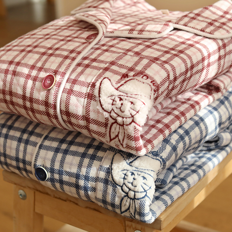 简约风格子三层夹棉睡衣男女款空气棉长袖家居服套装冬季保暖刺绣