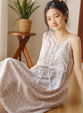 夏季女士带胸垫吊带碎花家居裙