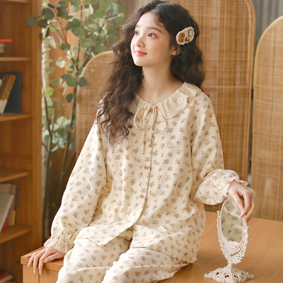 2025新款甜美花边领纯棉睡衣女款秋冬季全棉磨毛小碎花长袖家居服