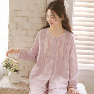 蔓秋日系甜美风纯棉纱布睡衣女春夏刺绣防凸点长袖 外穿 家居服套装