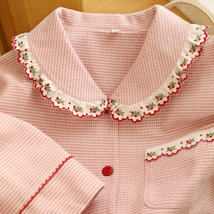 甜美绣花娃娃领睡衣女纯棉磨毛秋冬季加厚长袖家居服可外穿套装