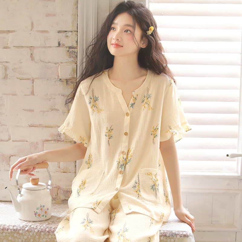 夏季带胸垫纯棉纱布睡衣女2026新款碎花短袖七分裤家居服可外穿