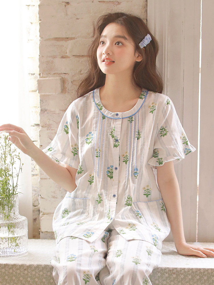 PAJAMAS SUMMER NEW WOMENS COTTON SHORT-SLEEVED CROPPED PANTS FRESH AND SWEET FLORAL LACE SUIT LOOSE LOUNGEWEAR