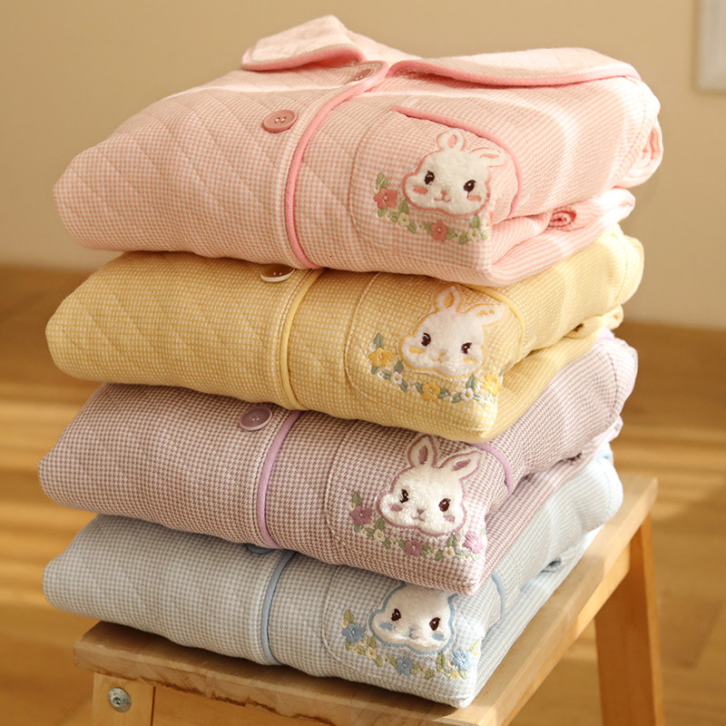 可爱卡通加厚空气棉睡衣女款秋冬甜美三层夹棉保暖长袖家居服套装