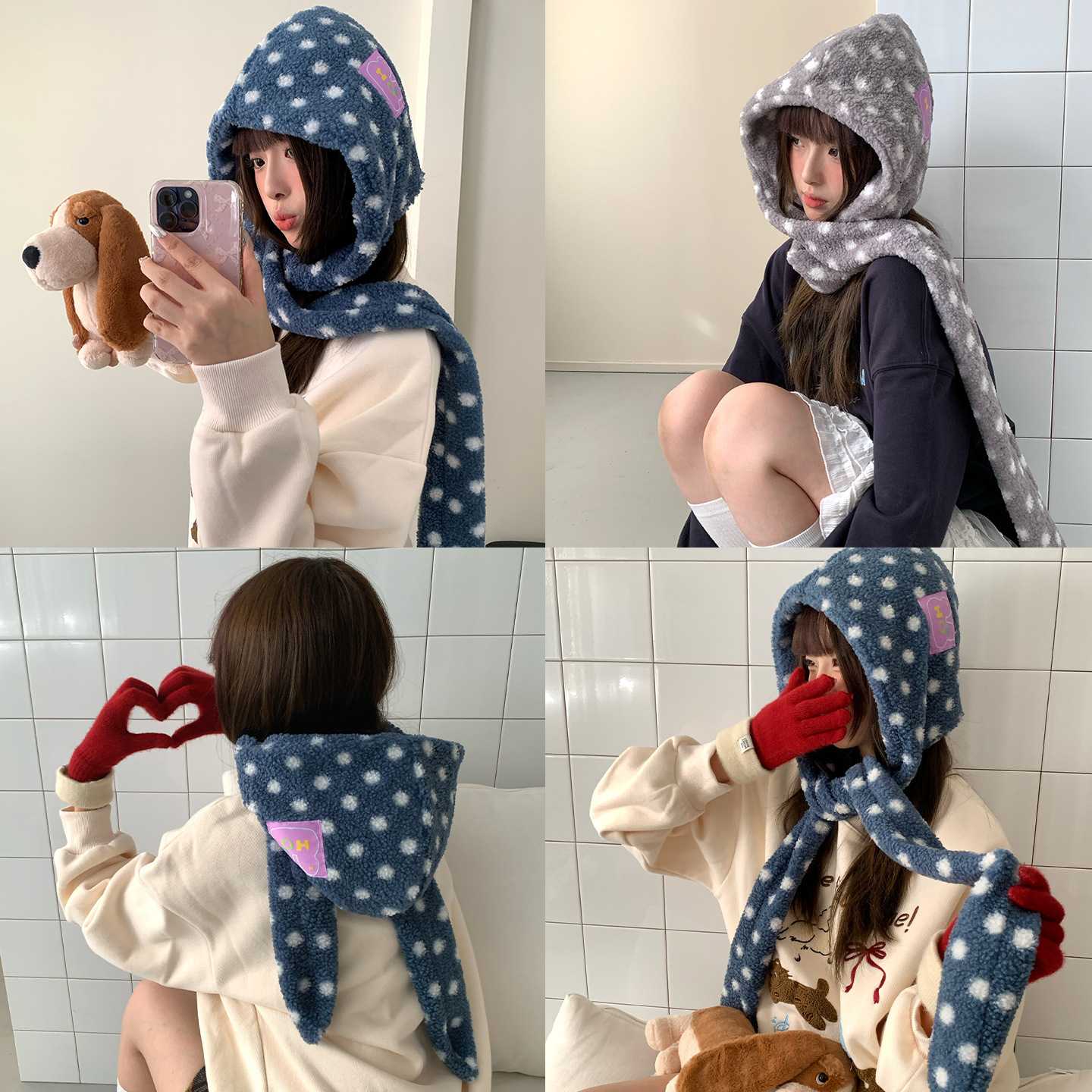 波点毛绒一体帽秋冬羊羔毛围脖小